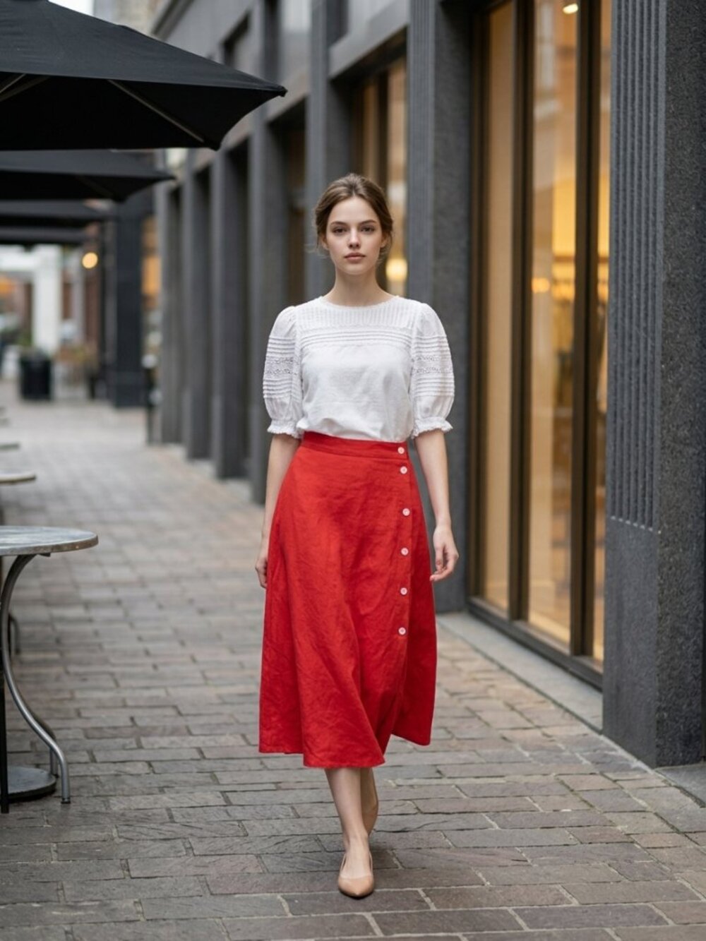 LOFT Red Linen Blend Button Front Midi Skirt Size 2